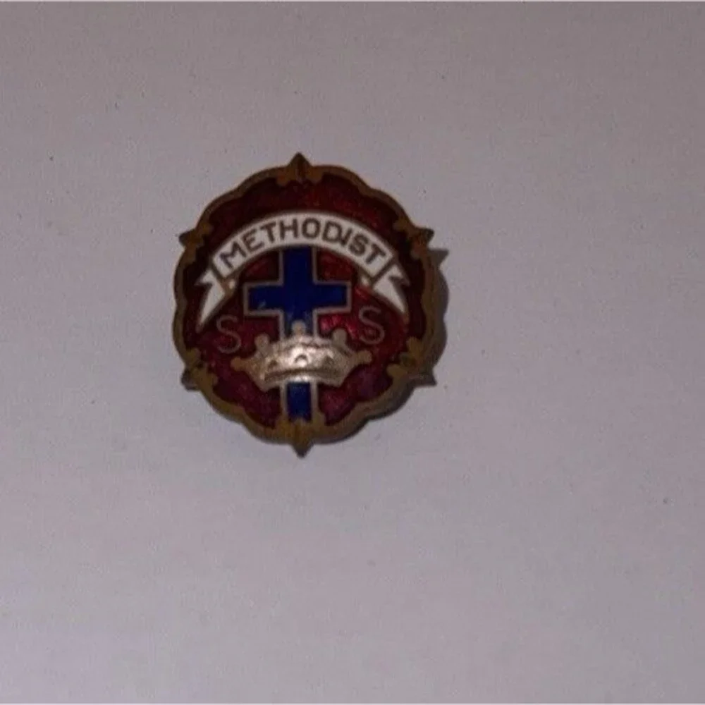 Lapel Pin, Vintage Methodist Sunday school Pin, Logo consist of Cross and flame